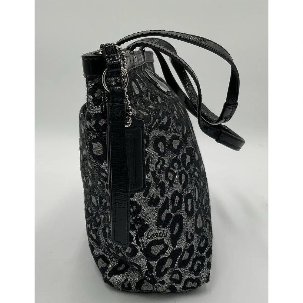 Coach F21061 Metallic Silver Black Gray Ocelot Animal Print Tote Bag Patent Trim